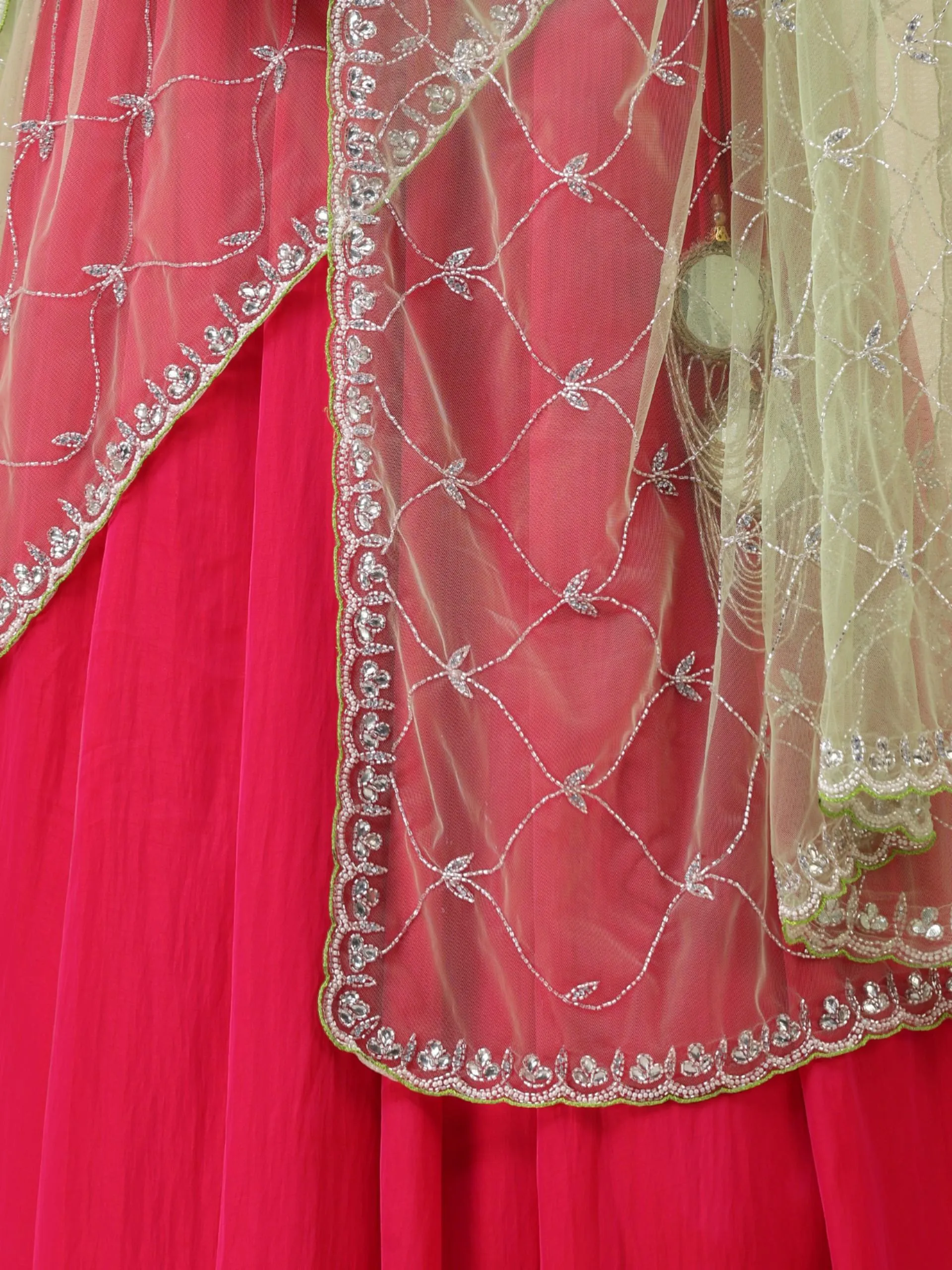 3 pc SET - Fuchsia Satin Lehenga with Lime Green Hand Embroidered Net dupatta and Blouse Fabric