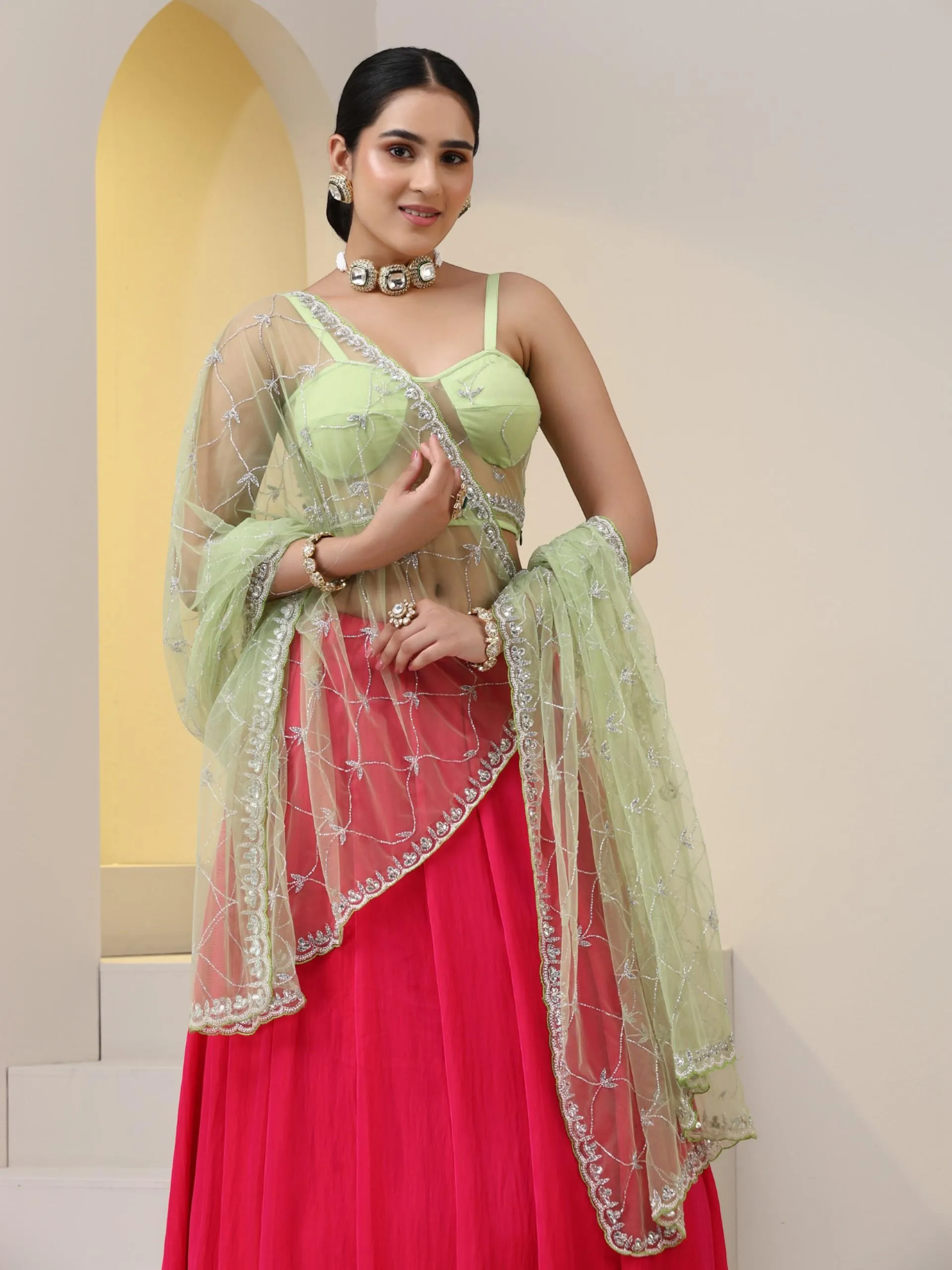 3 pc SET - Fuchsia Satin Lehenga with Lime Green Hand Embroidered Net dupatta and Blouse Fabric