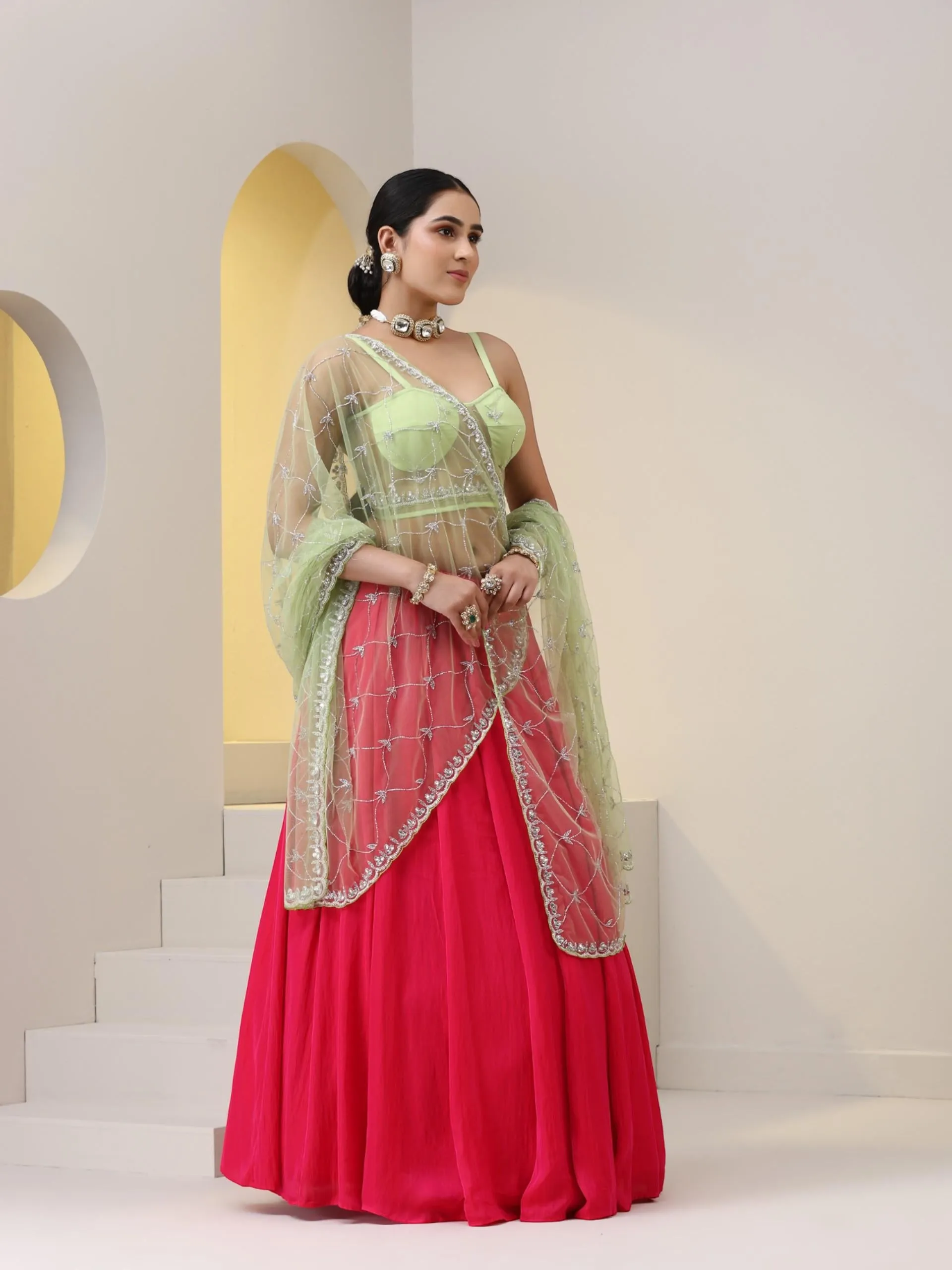 3 pc SET - Fuchsia Satin Lehenga with Lime Green Hand Embroidered Net dupatta and Blouse Fabric