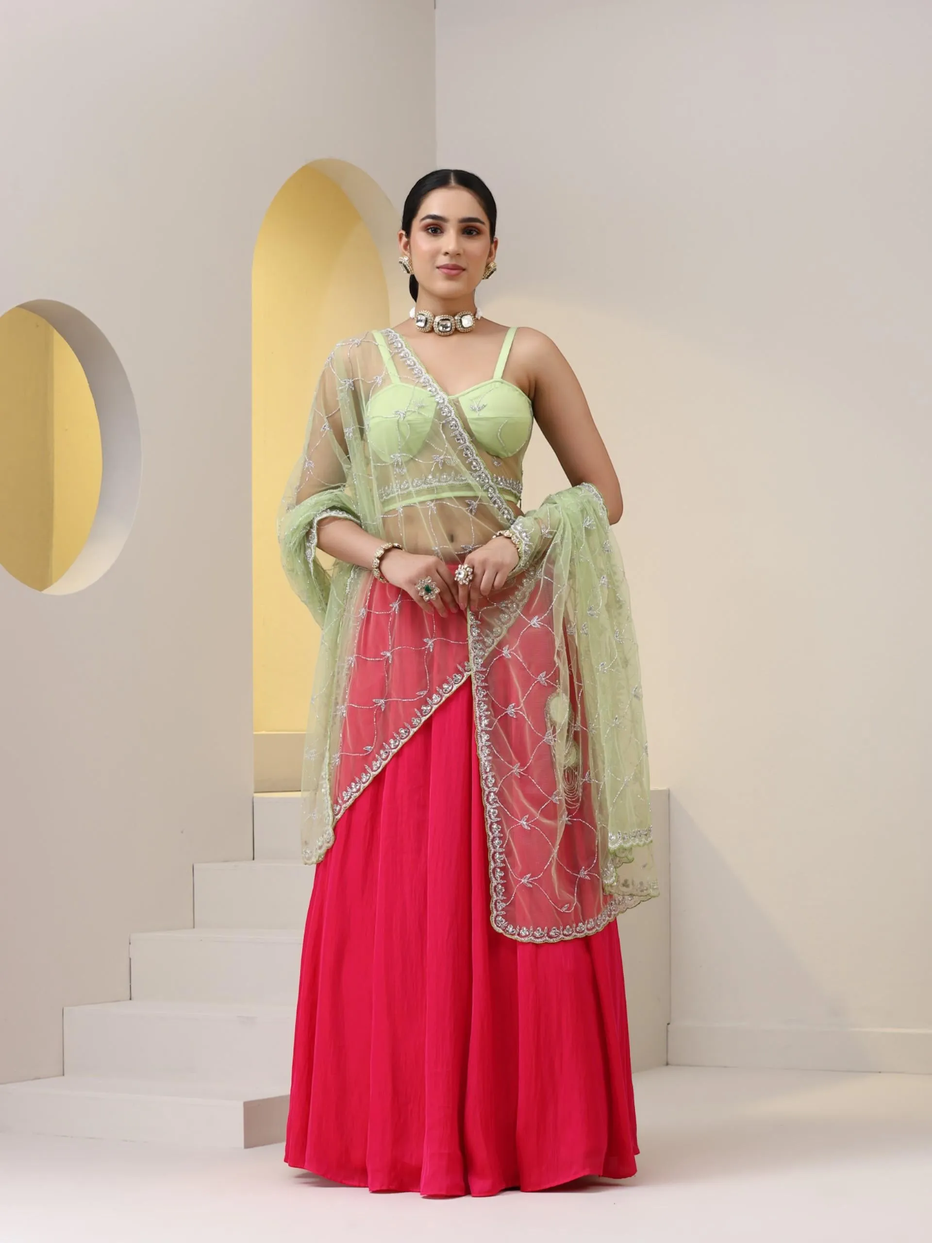 3 pc SET - Fuchsia Satin Lehenga with Lime Green Hand Embroidered Net dupatta and Blouse Fabric