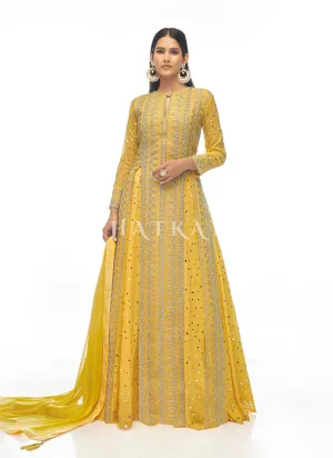 Amber Yellow Mirror Embroidered Slit Style Lehenga Suit