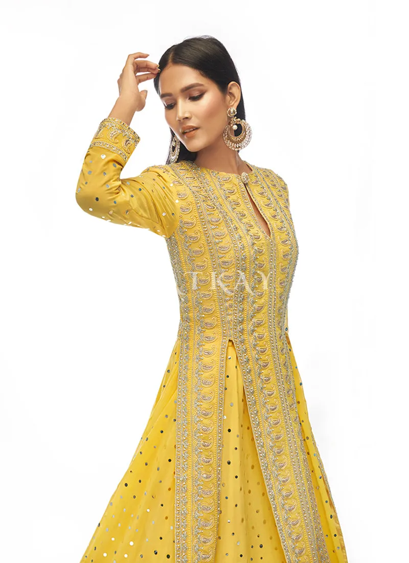 Amber Yellow Mirror Embroidered Slit Style Lehenga Suit