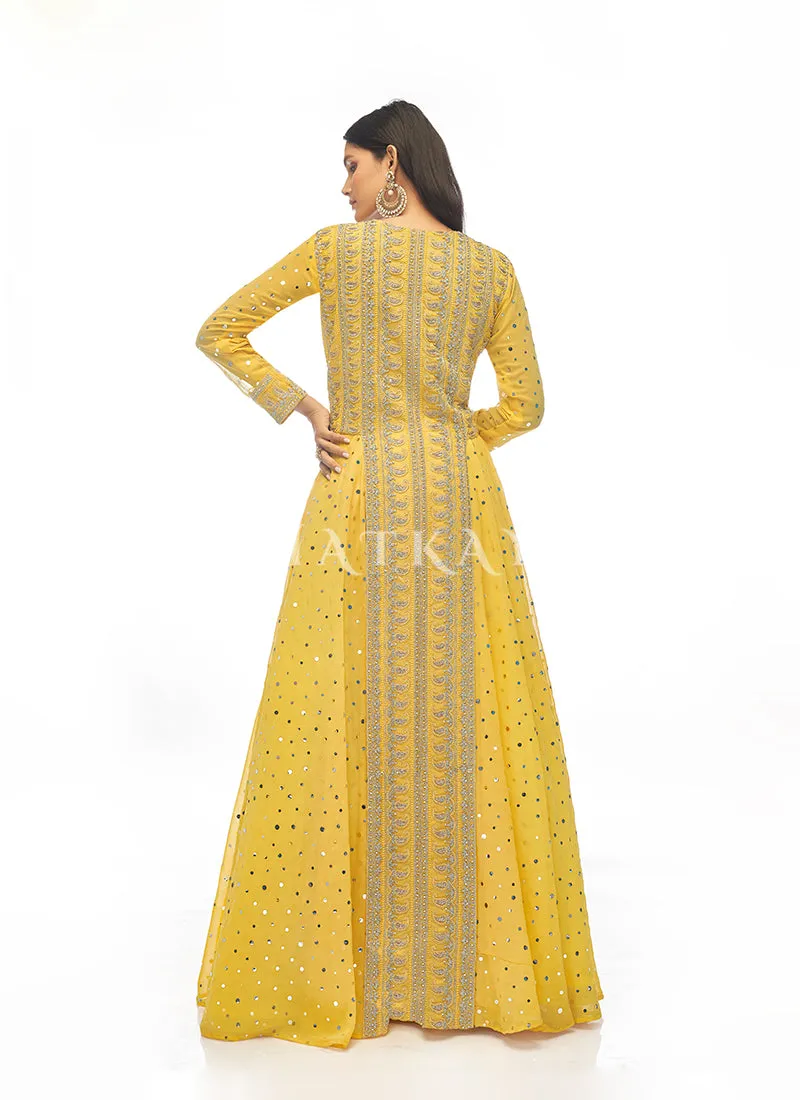 Amber Yellow Mirror Embroidered Slit Style Lehenga Suit