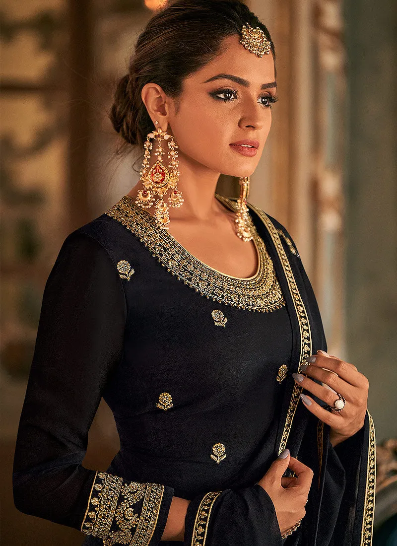 Black Georgette Embroidered Palazzo Suit