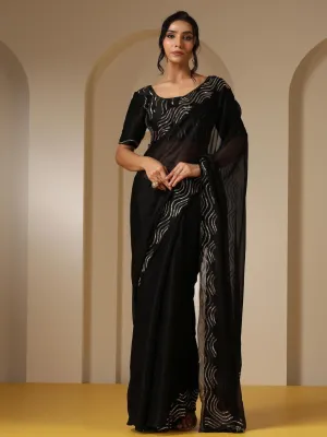 Black Gold Beaded Radiance Shimmer Chiffon Saree with Blouse Fabric with Embroidery