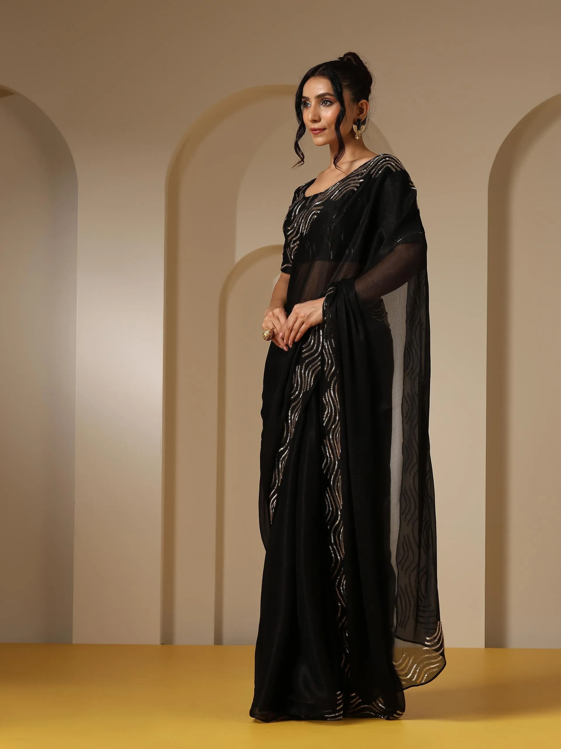 Black Gold Beaded Radiance Shimmer Chiffon Saree with Blouse Fabric with Embroidery