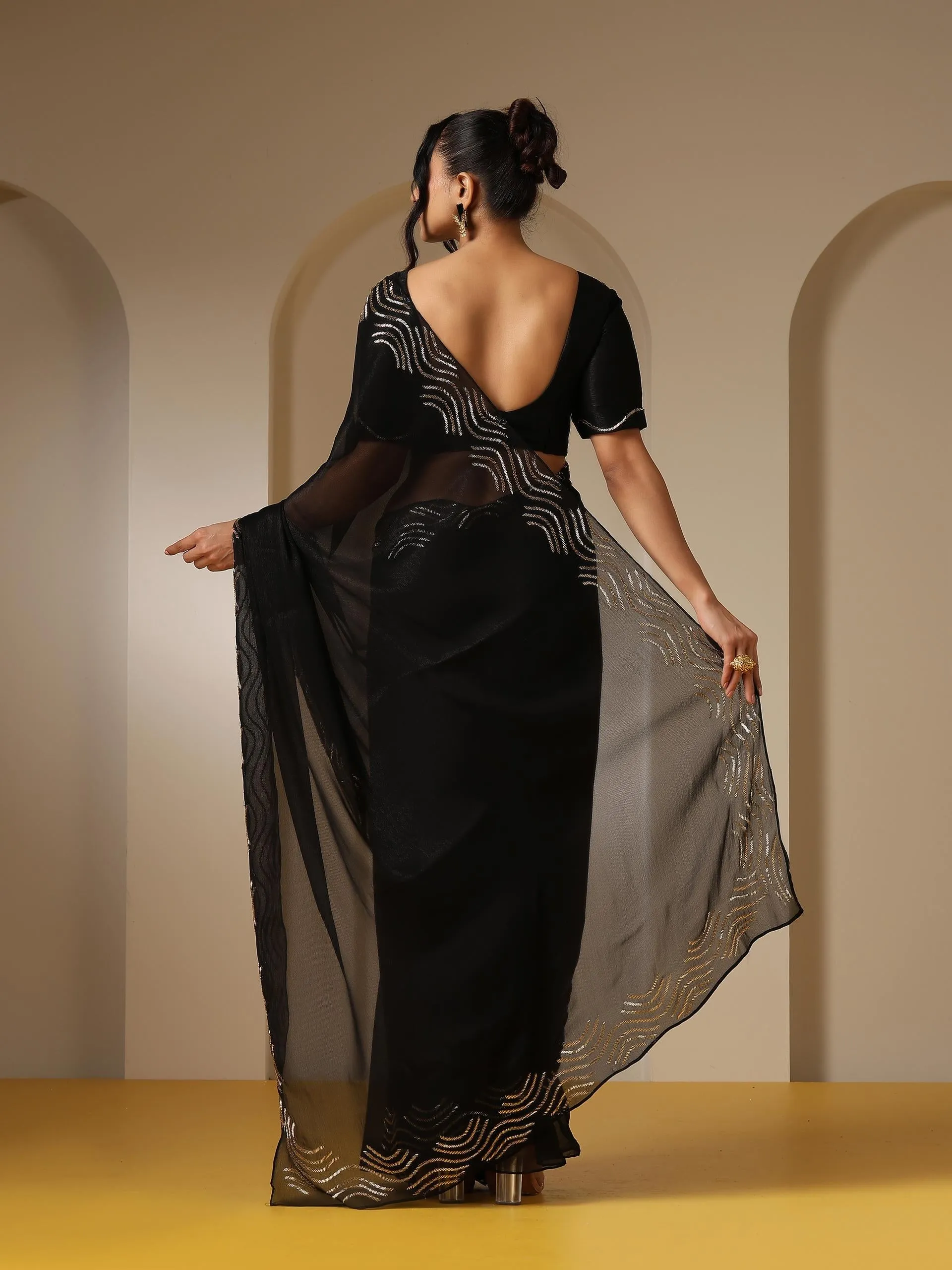 Black Gold Beaded Radiance Shimmer Chiffon Saree with Blouse Fabric with Embroidery