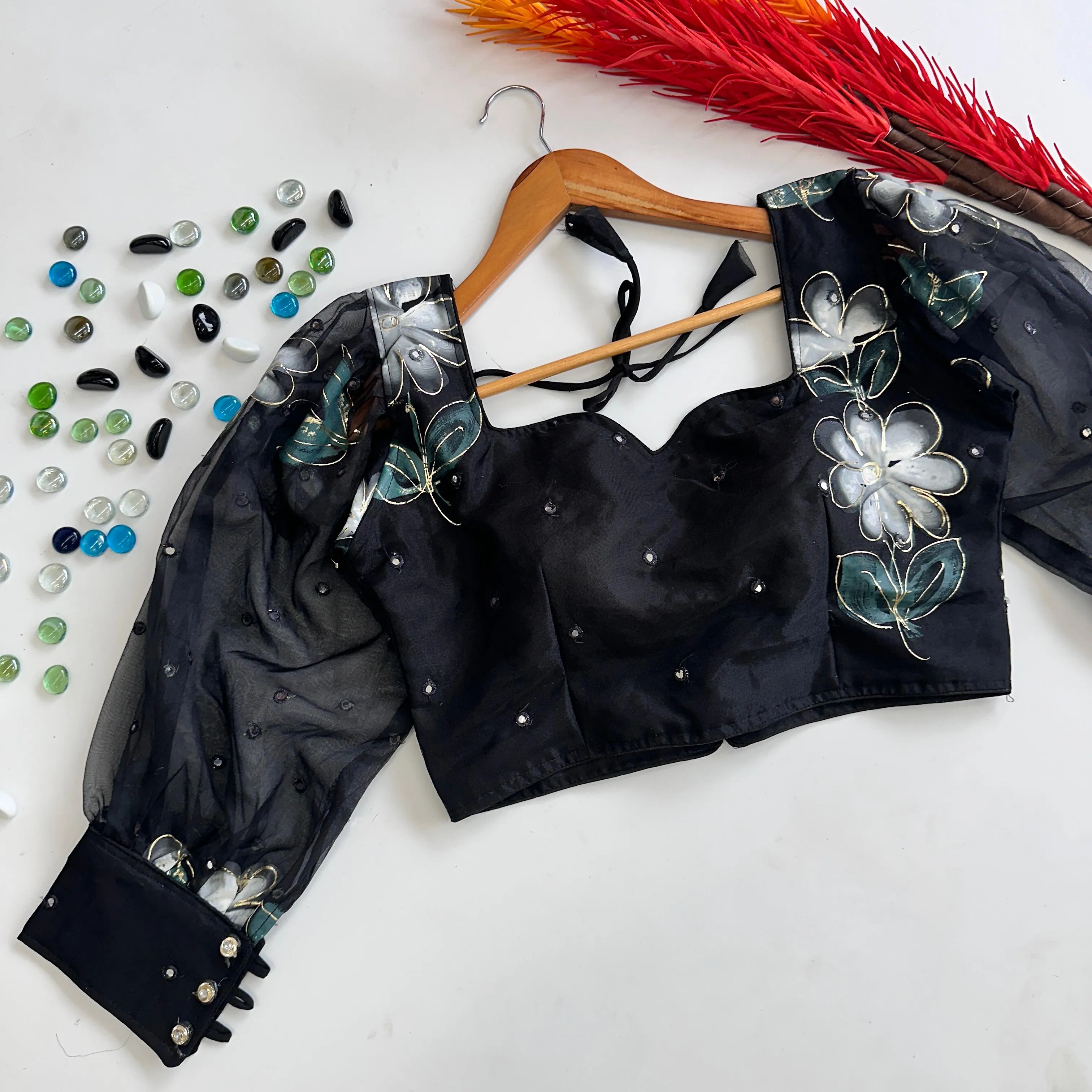 Black Hand-Painted Organza Silk Blouse with Embroidery Accents