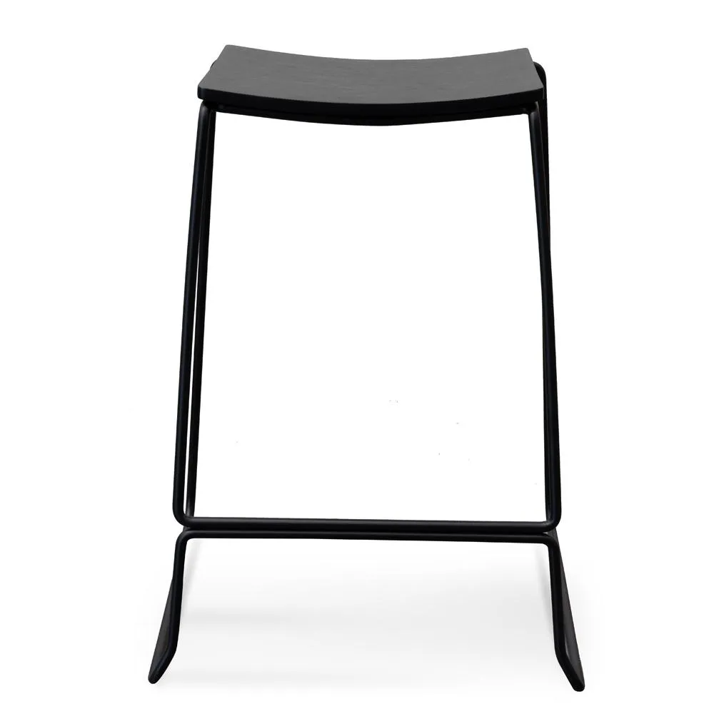 Black Timber Seat Bar Stool - Black Frame