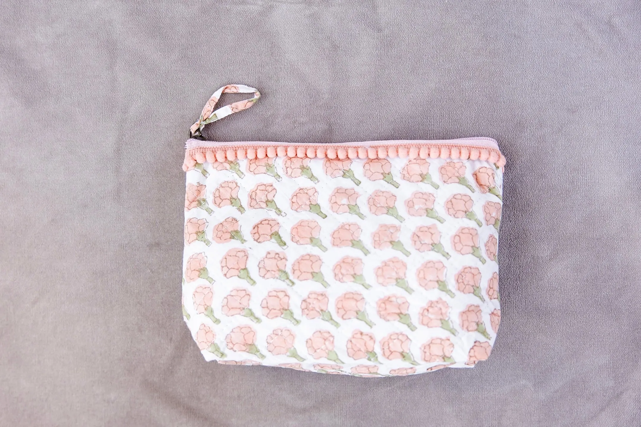 Block Print Cotton Pouch Medium - Peach Peony