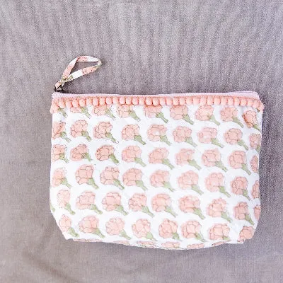 Block Print Cotton Pouch Medium - Peach Peony