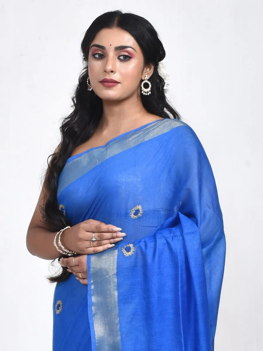 Blue Linen Saree with Sunflower Design Hand Embroidery and Golden Zari Border