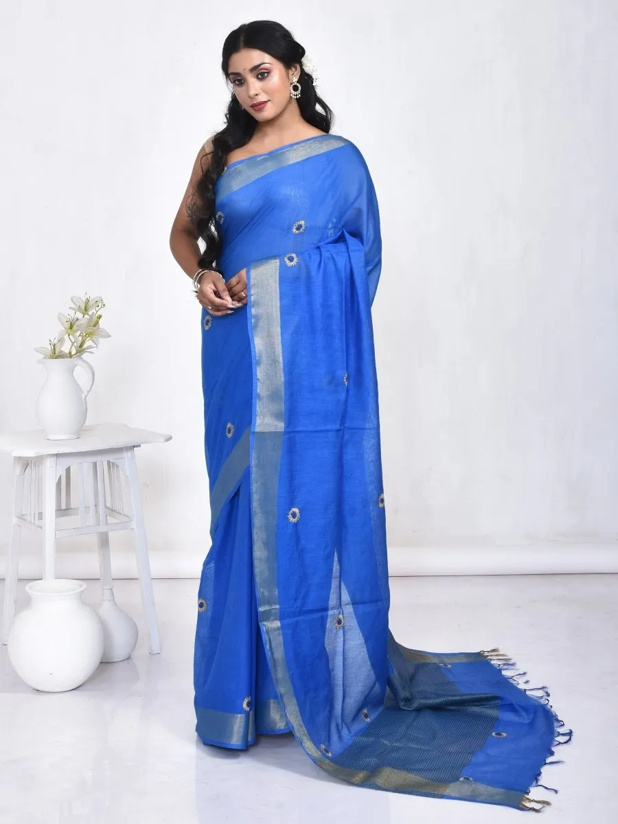 Blue Linen Saree with Sunflower Design Hand Embroidery and Golden Zari Border