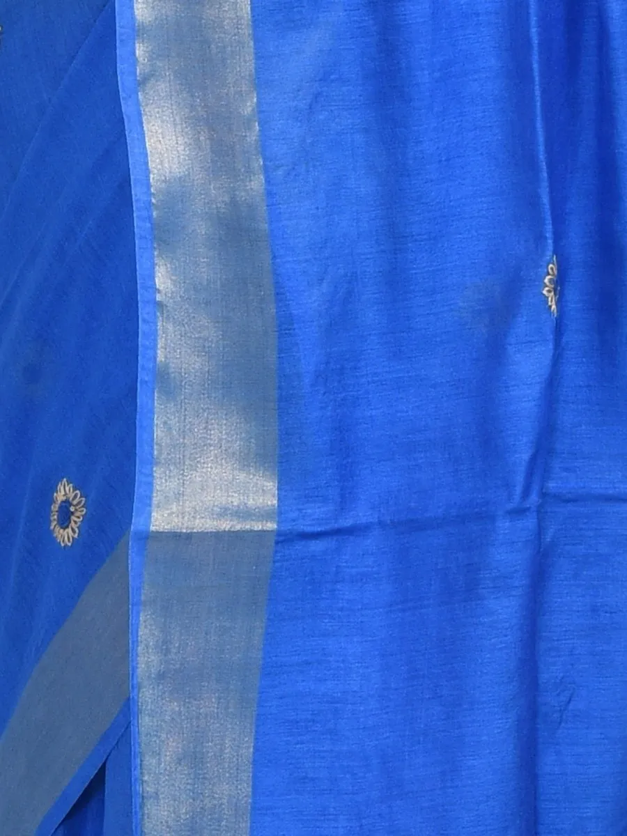 Blue Linen Saree with Sunflower Design Hand Embroidery and Golden Zari Border