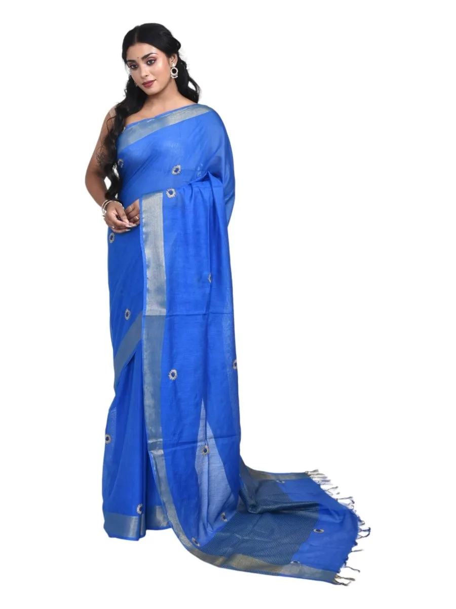 Blue Linen Saree with Sunflower Design Hand Embroidery and Golden Zari Border