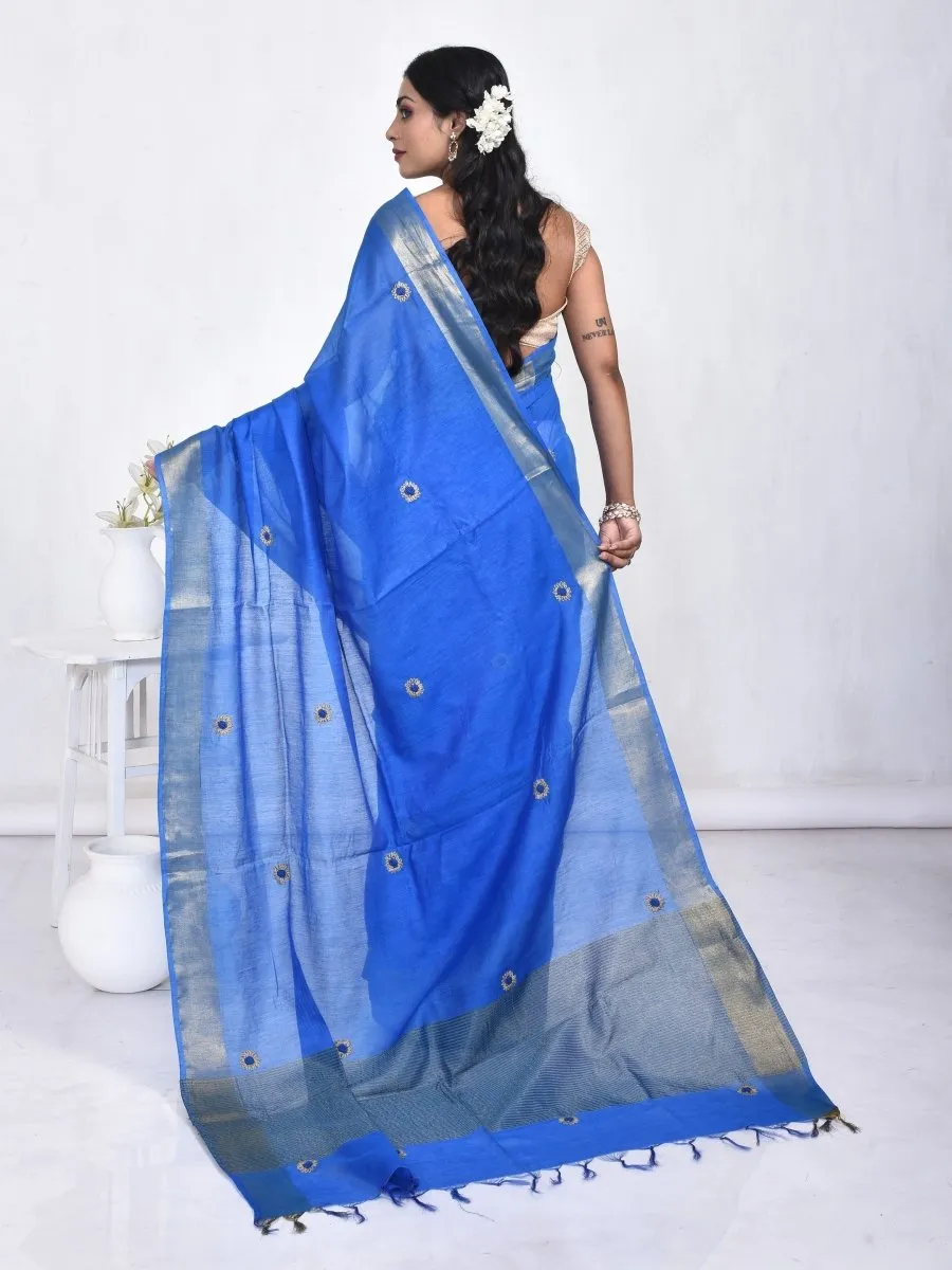 Blue Linen Saree with Sunflower Design Hand Embroidery and Golden Zari Border