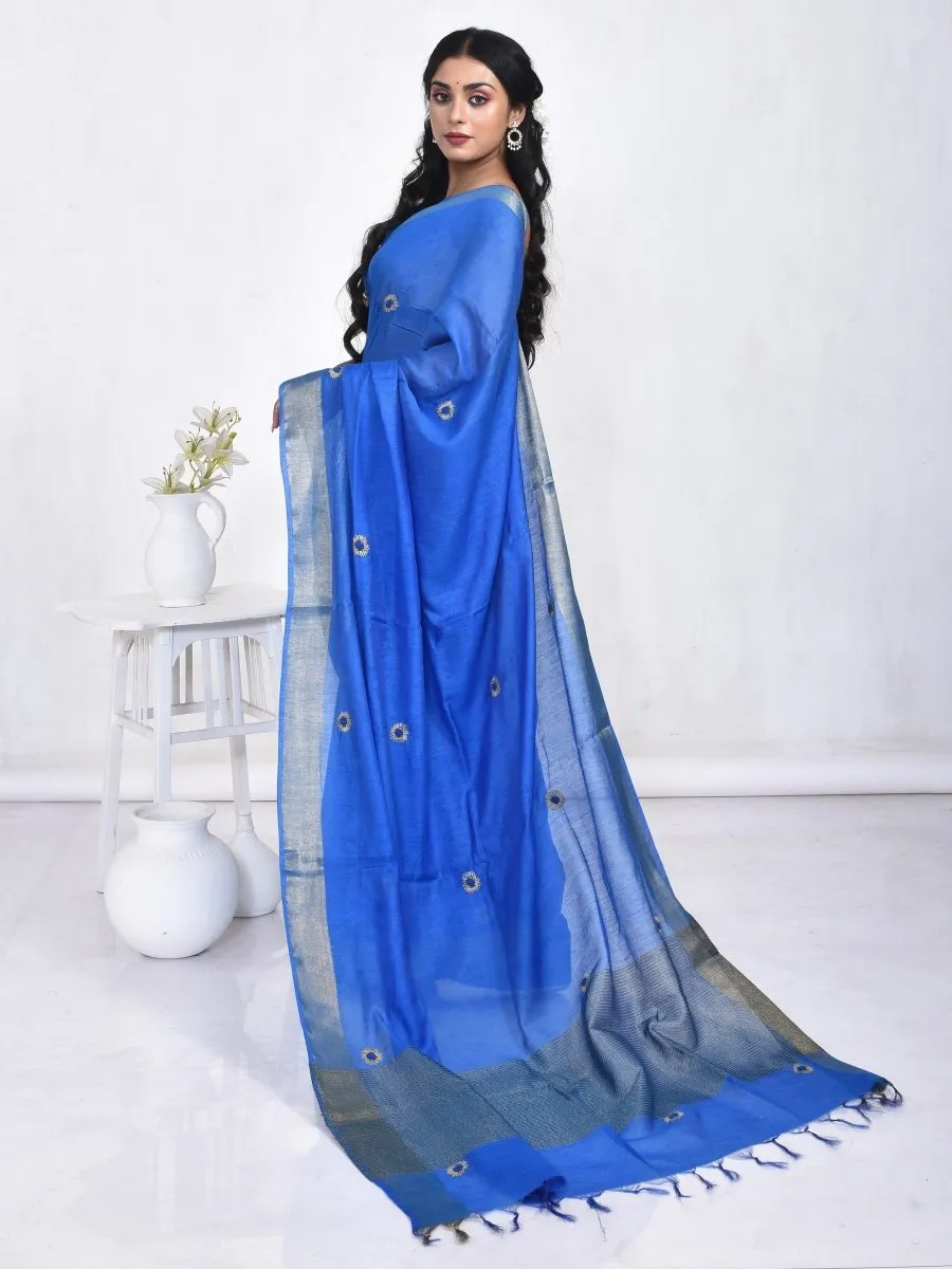 Blue Linen Saree with Sunflower Design Hand Embroidery and Golden Zari Border