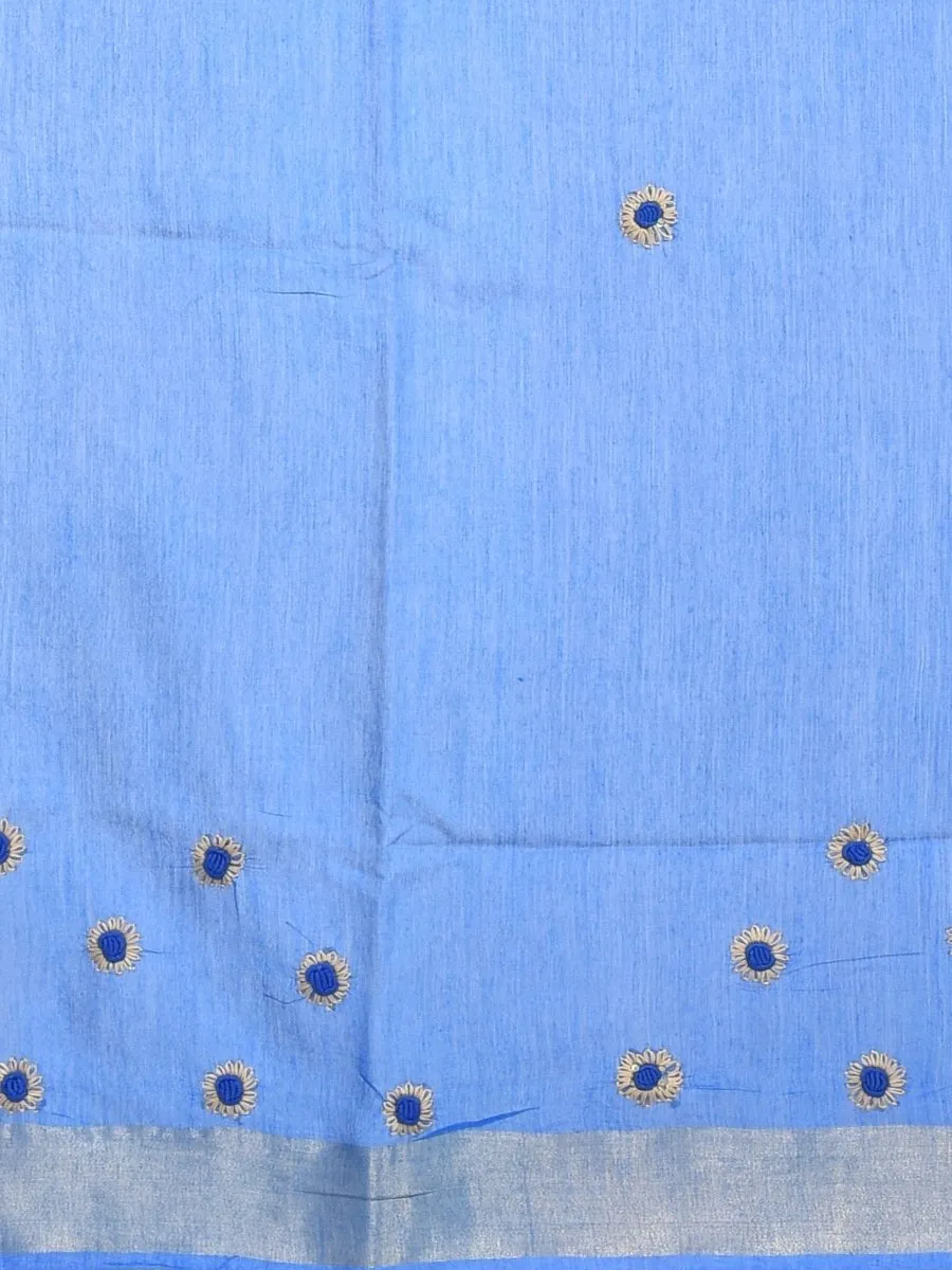 Blue Linen Saree with Sunflower Design Hand Embroidery and Golden Zari Border