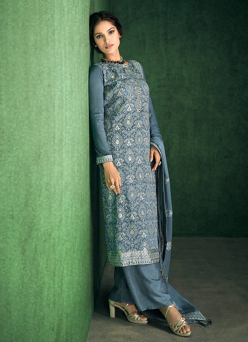 Blue Zari And Sequence Embroidered Pakistani Pant Suit