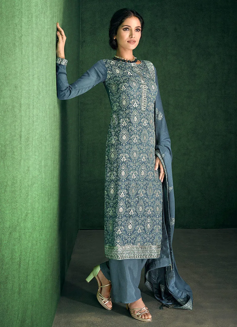 Blue Zari And Sequence Embroidered Pakistani Pant Suit