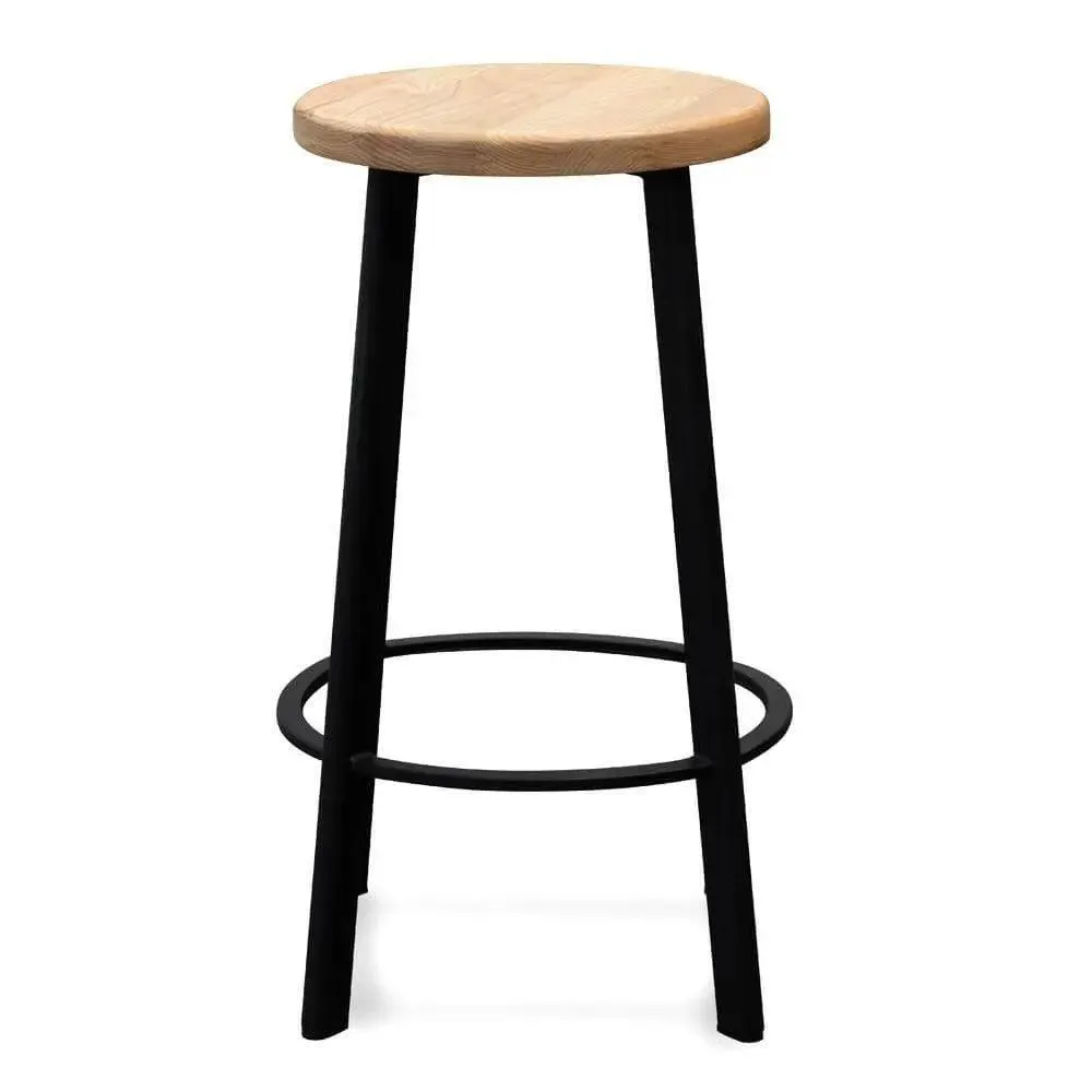 Calibre 65cm Bar Stool -With Natural Timber Seat - Black Frame (Set of 2)