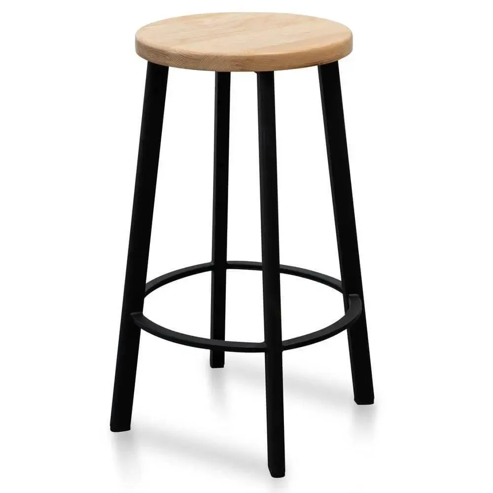 Calibre 65cm Bar Stool -With Natural Timber Seat - Black Frame (Set of 2)