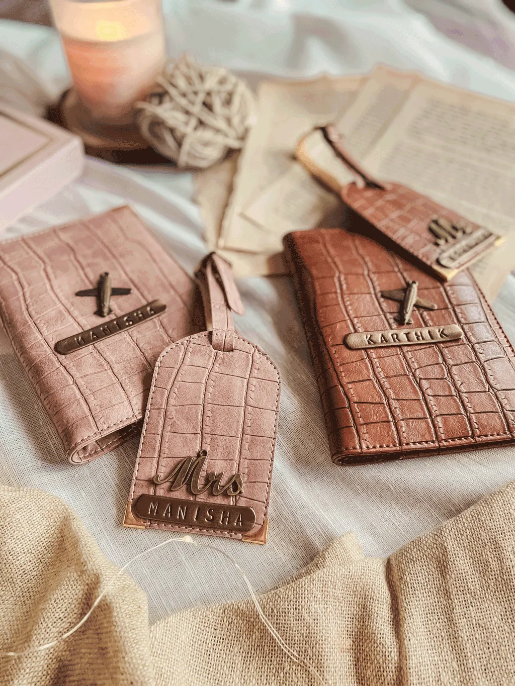 Couple Passport Cover & Luggage Tag - Onion Pink and Caramel Brown