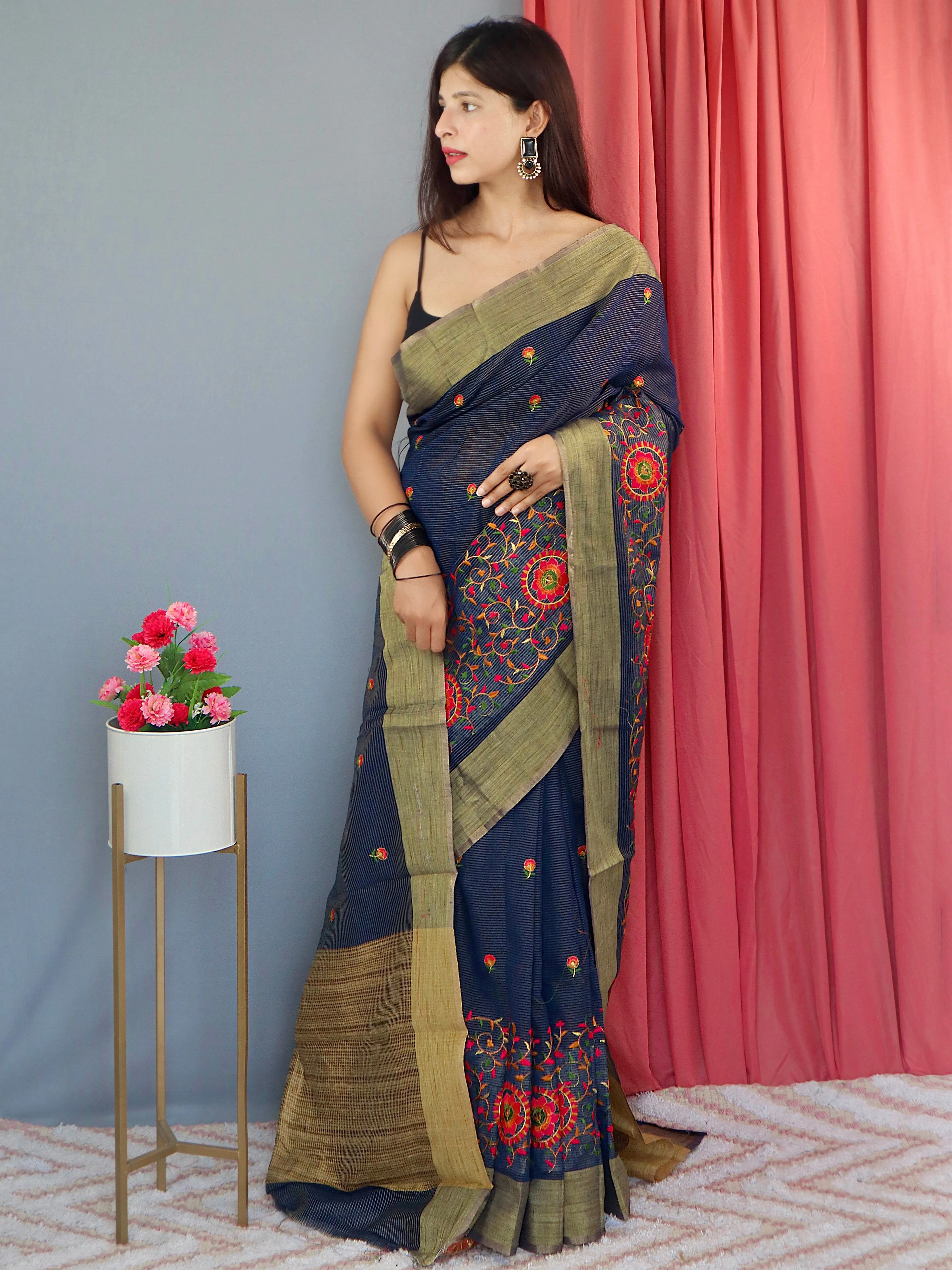 Dark Blue Saree in Cotton Linen Multicolor Threadwork Embroidered