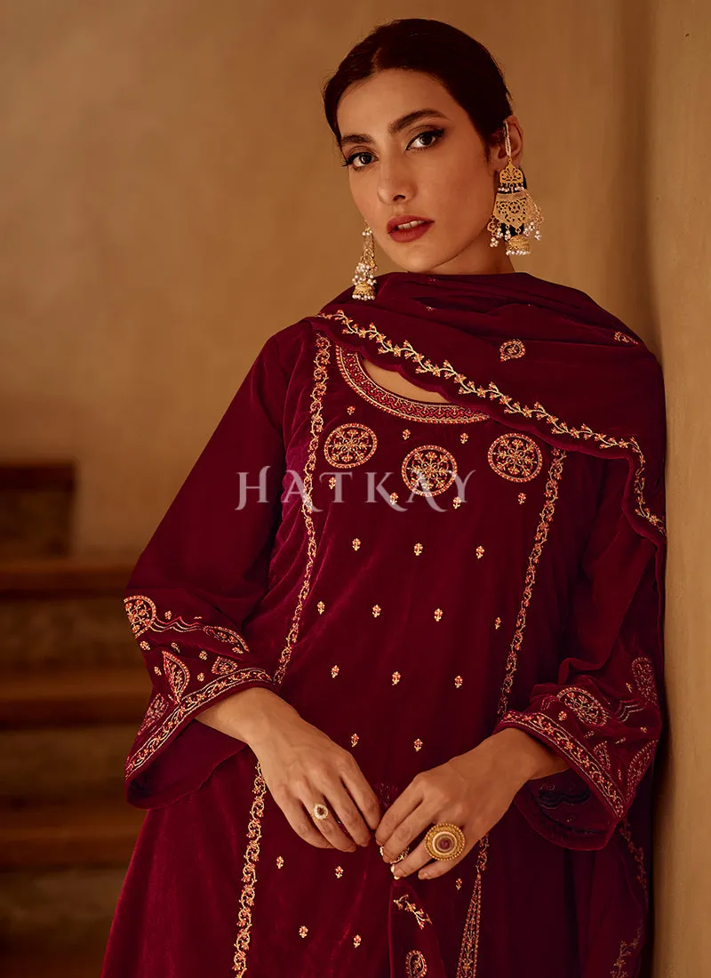 Deep Red Embroidered Velvet Pant Suit