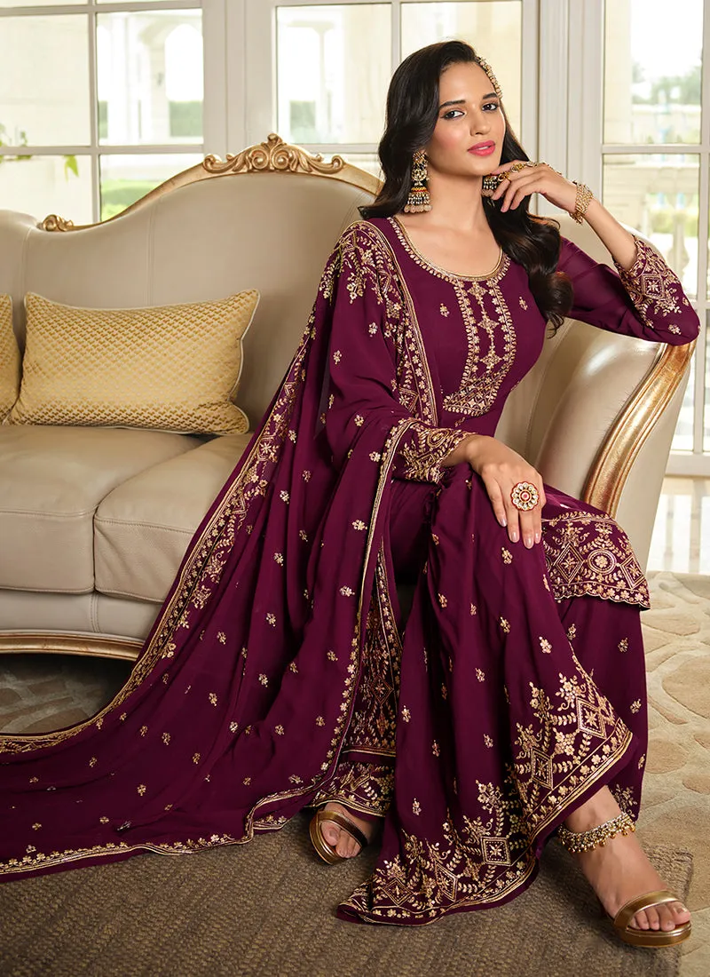 Deep Wine Sequence Embroidery Festive Gharara Style Suit