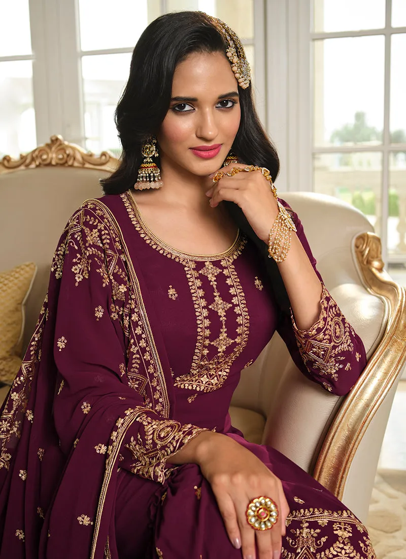 Deep Wine Sequence Embroidery Festive Gharara Style Suit