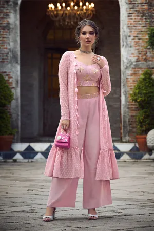 Dusty Pink Self Weaving Design Georgette Three Piece Co-Ord Set