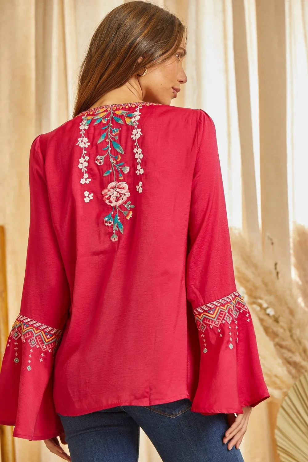 Embroidered Bell Sleeve Blouse, Hot Pink