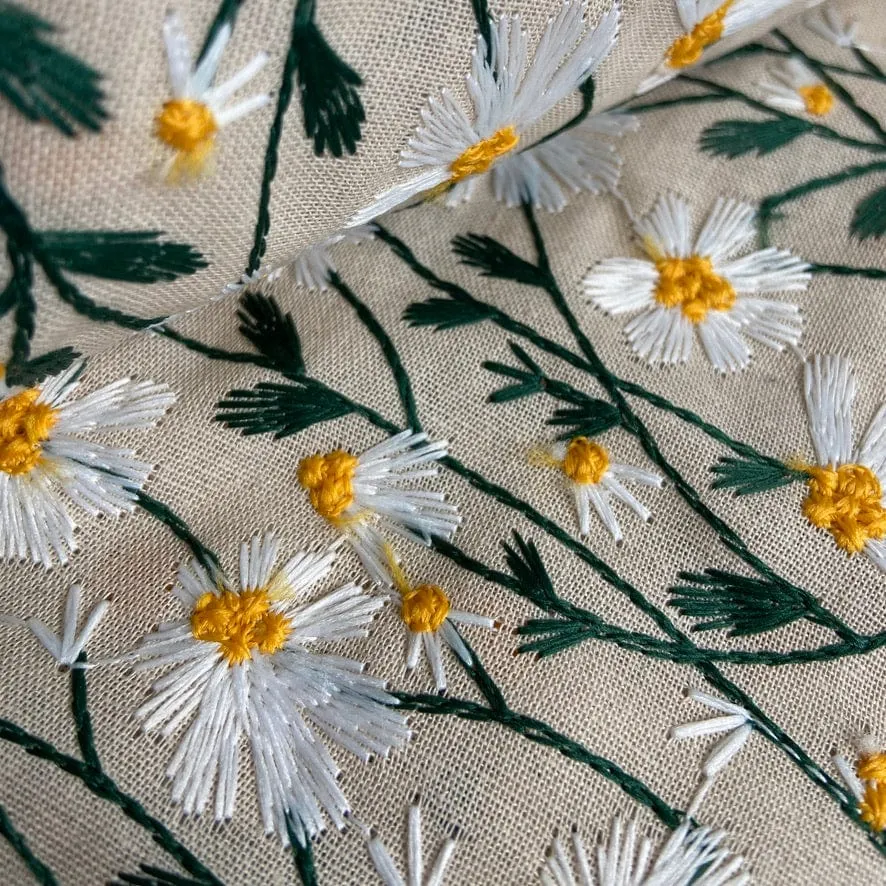 Embroidered Daisies on Natural Ramie Cotton Blend