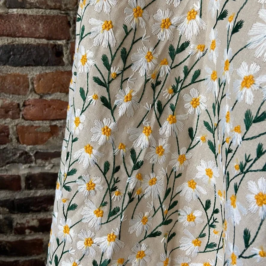 Embroidered Daisies on Natural Ramie Cotton Blend