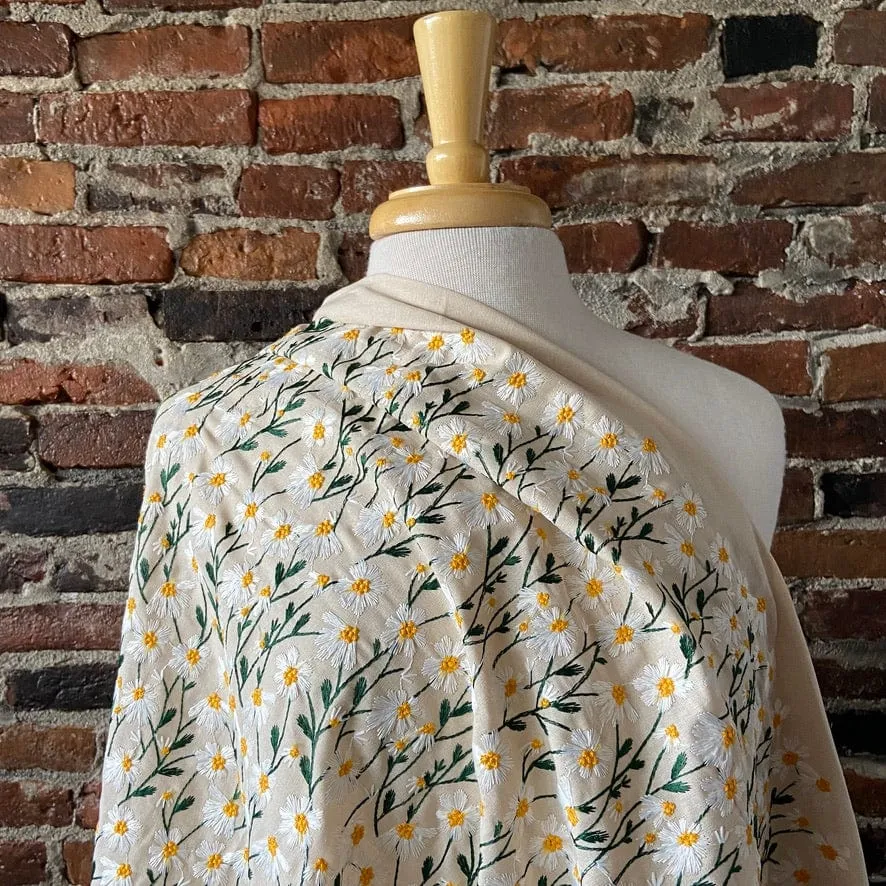 Embroidered Daisies on Natural Ramie Cotton Blend