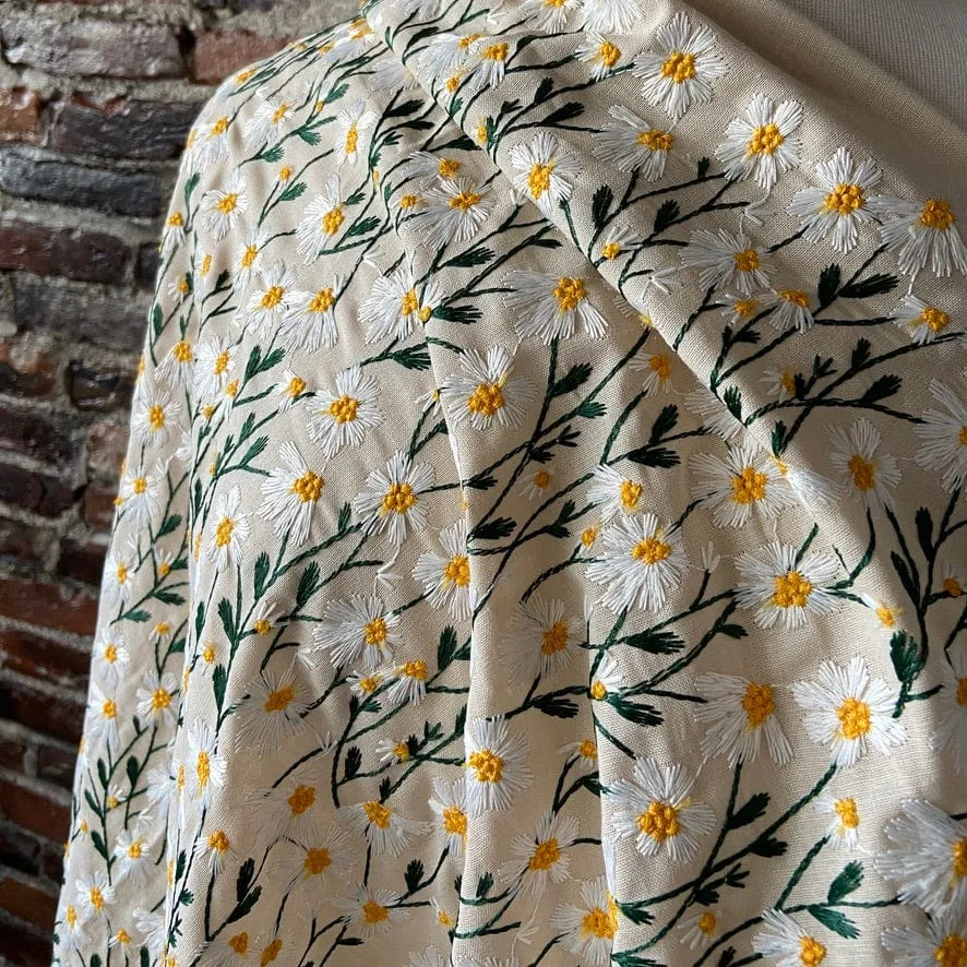 Embroidered Daisies on Natural Ramie Cotton Blend