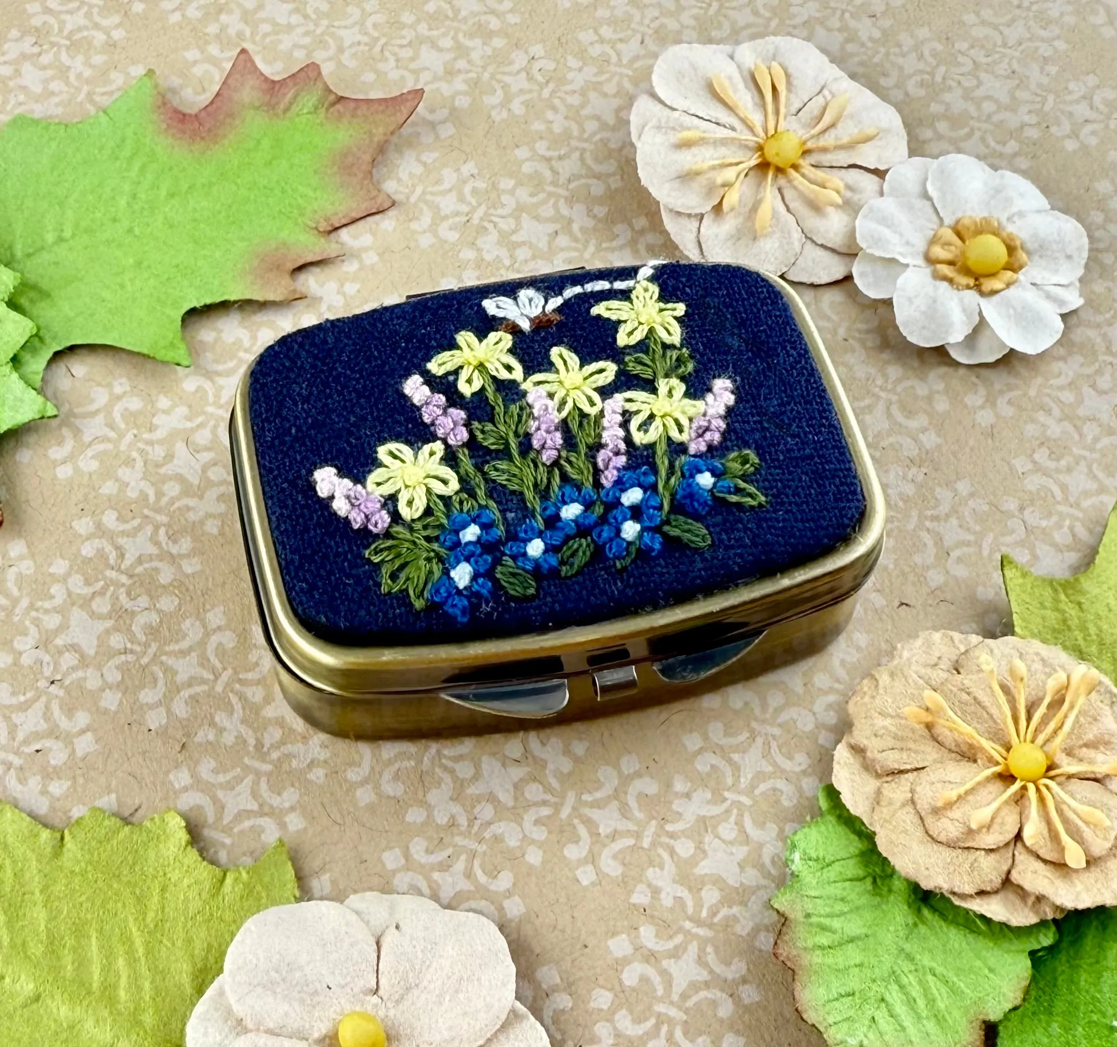 Embroidered Mini Pill/Jewelry Container - Flower Garden