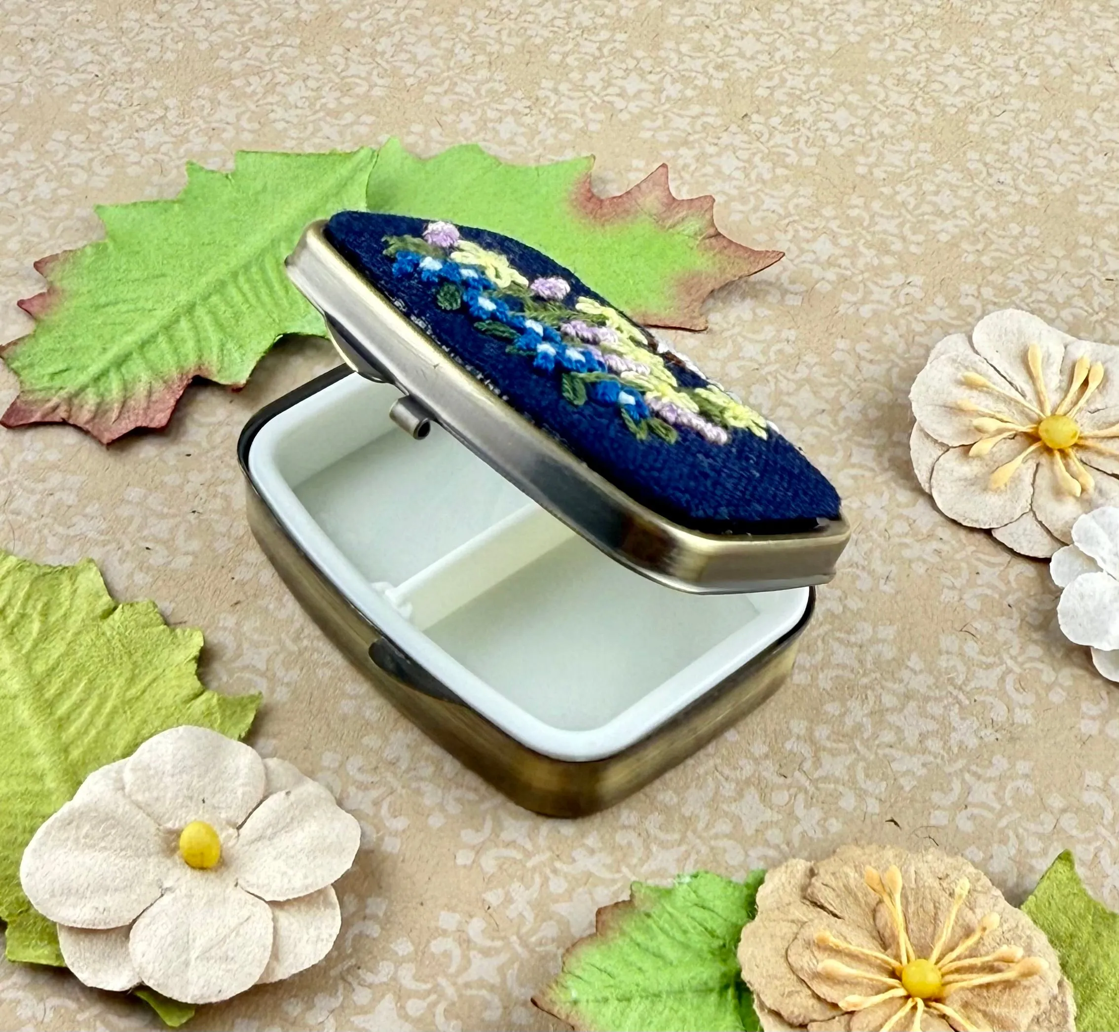 Embroidered Mini Pill/Jewelry Container - Flower Garden