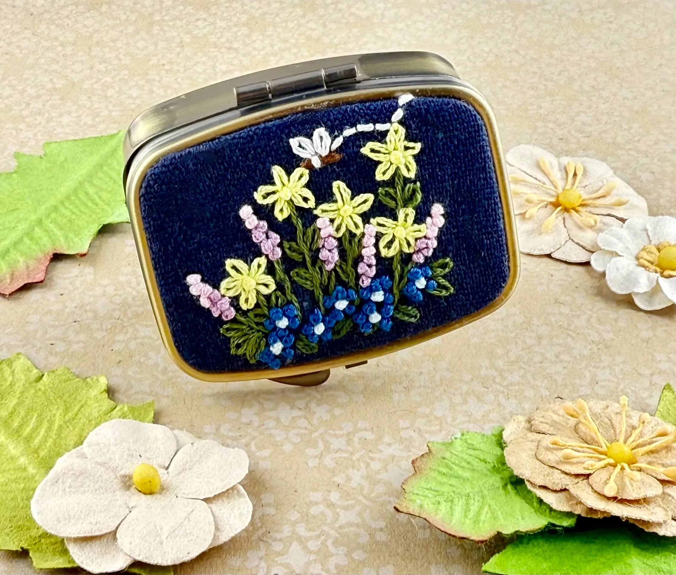 Embroidered Mini Pill/Jewelry Container - Flower Garden