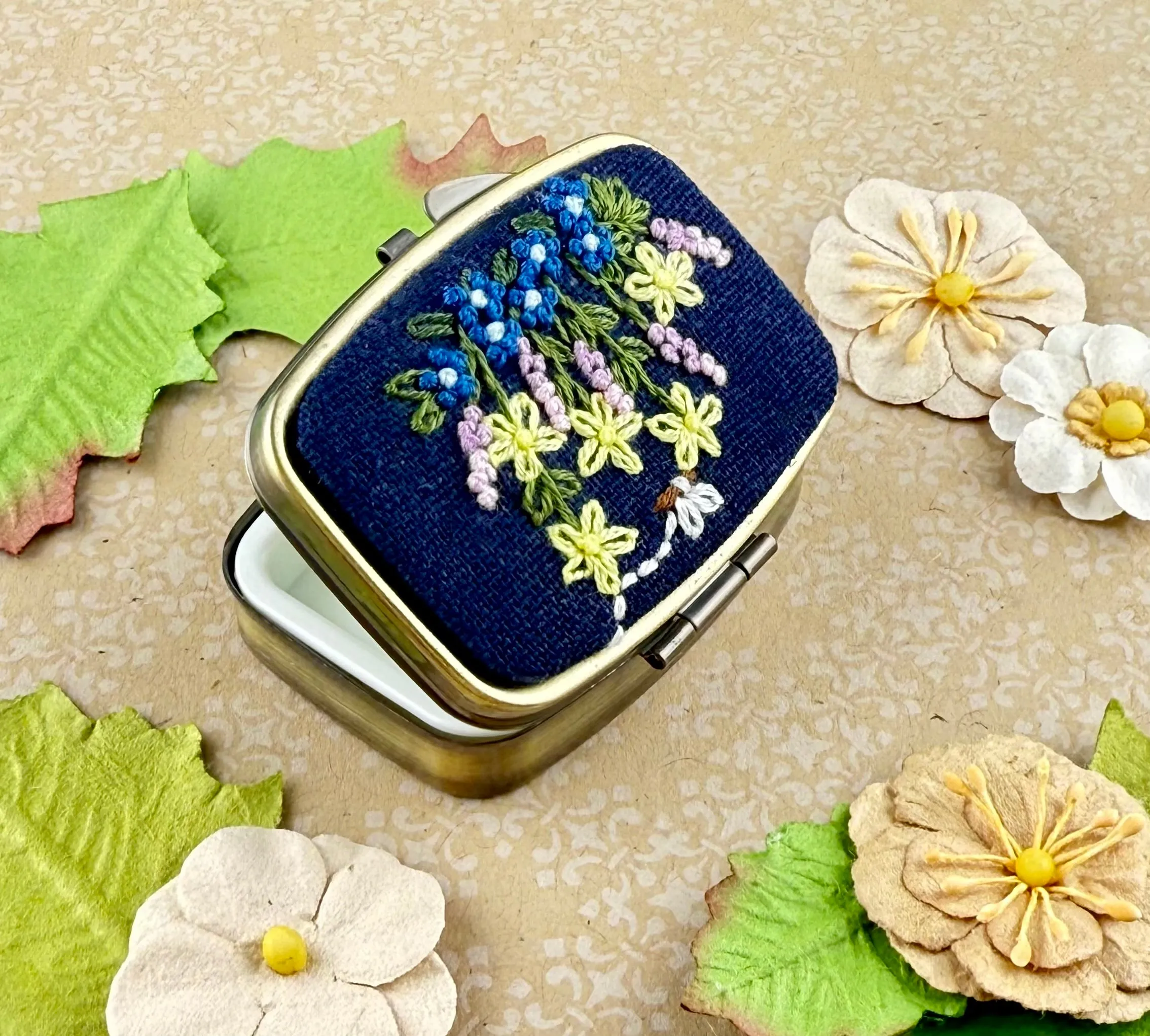 Embroidered Mini Pill/Jewelry Container - Flower Garden