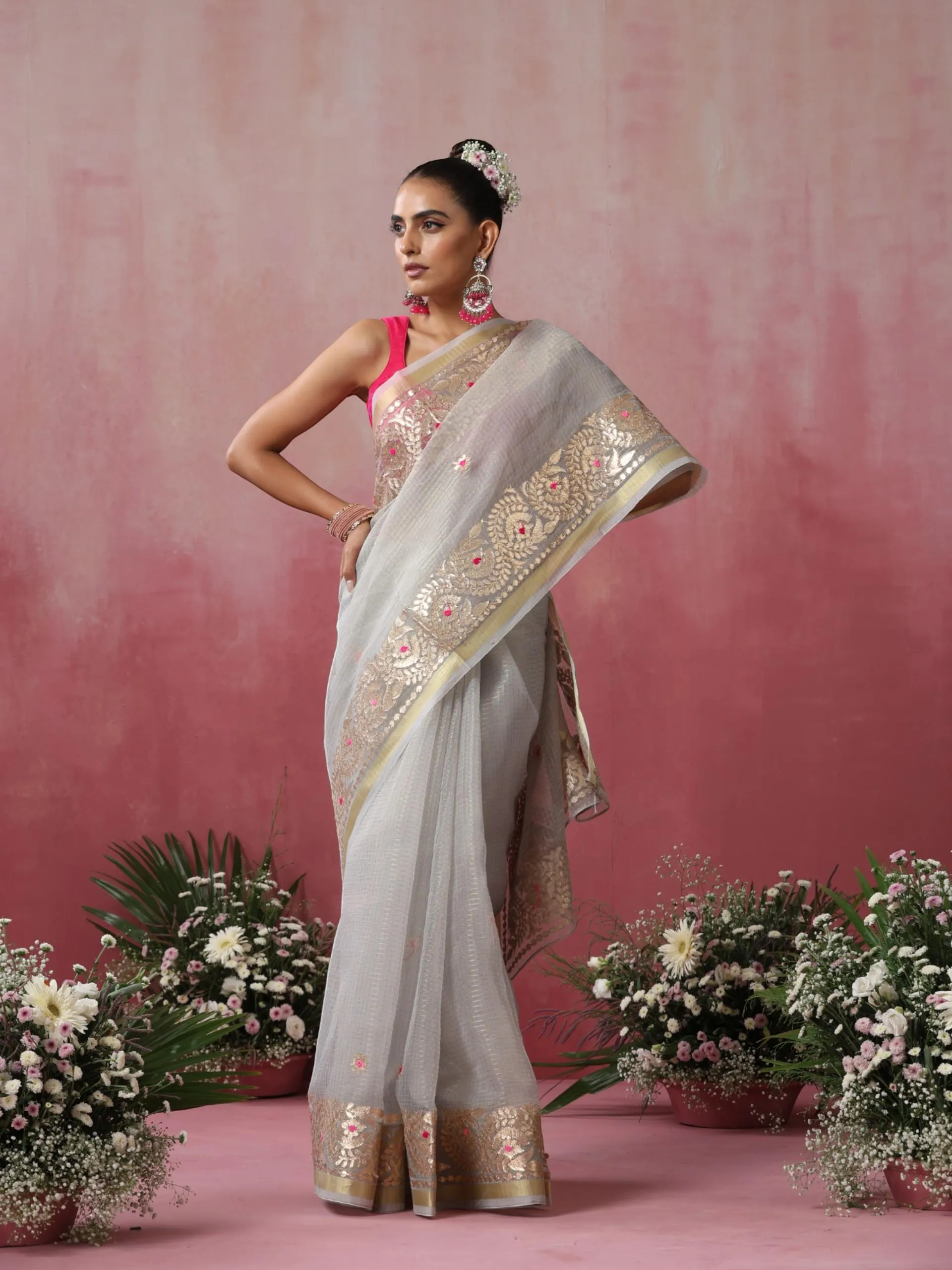 Gray Cotton Kota Saree with Gota Patti Embroidery