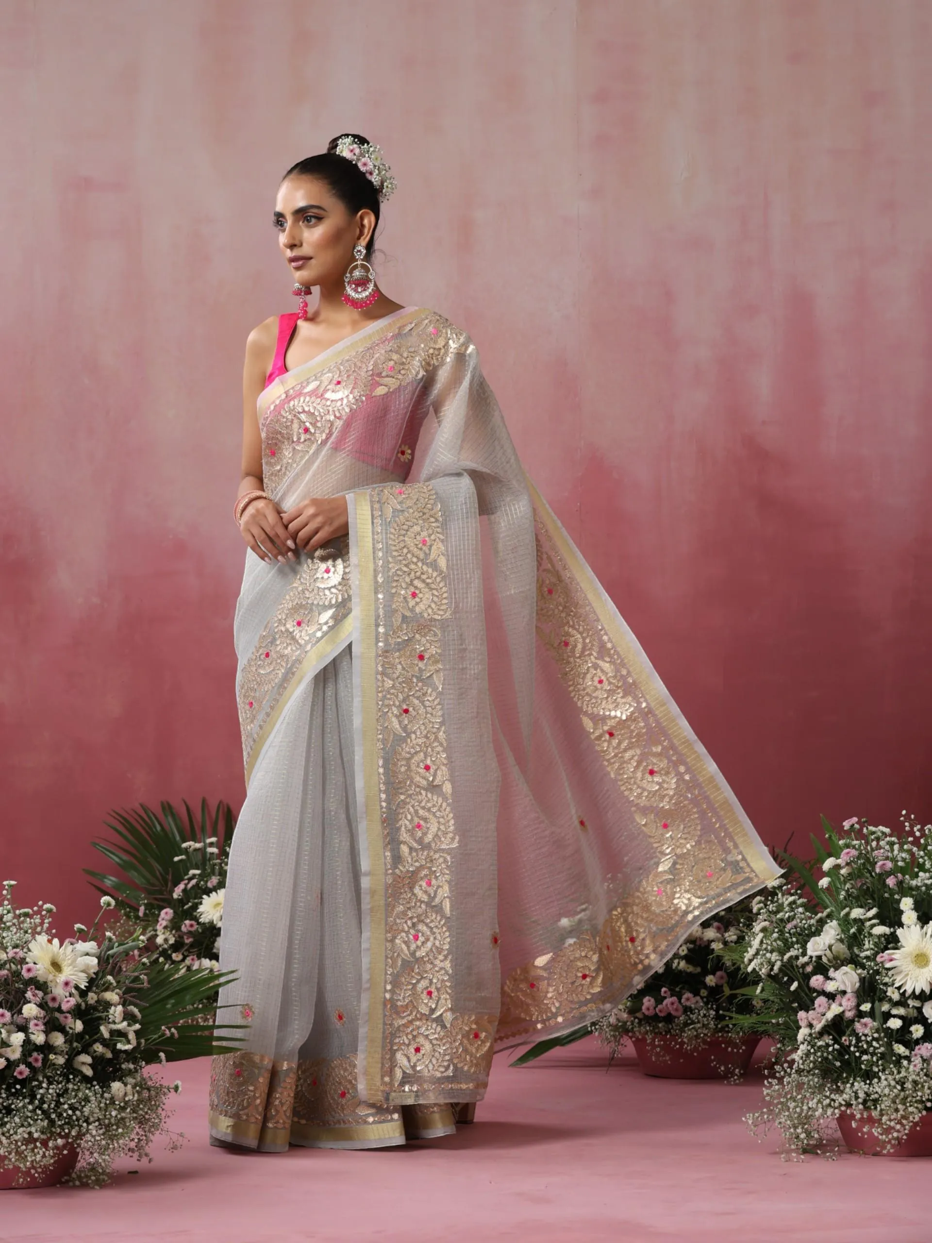 Gray Cotton Kota Saree with Gota Patti Embroidery