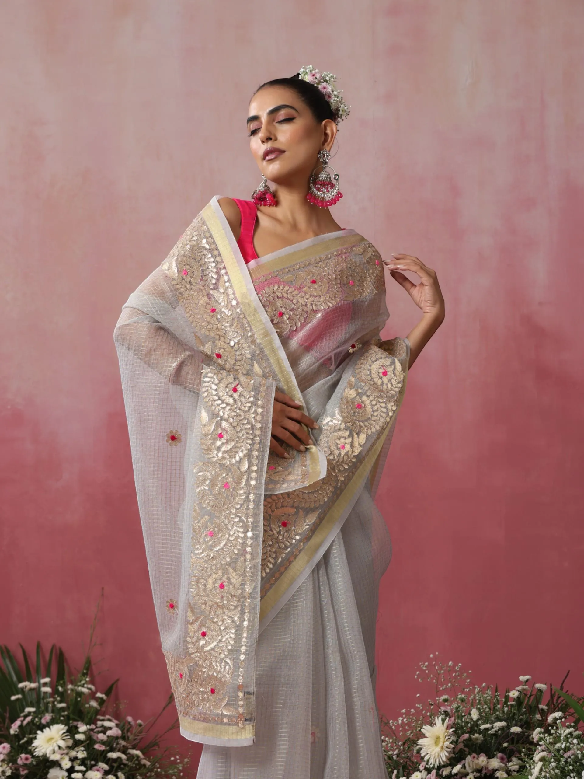 Gray Cotton Kota Saree with Gota Patti Embroidery