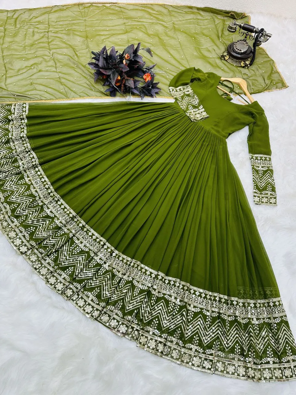 Green Color Enchanting Fox Georgette Embroidered Gown: Flowing Elegance for Special Occasions