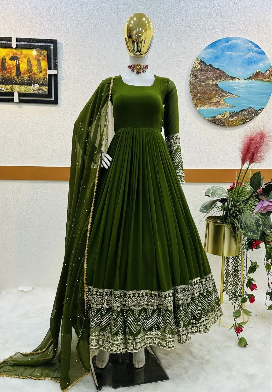 Green Color Enchanting Fox Georgette Embroidered Gown: Flowing Elegance for Special Occasions