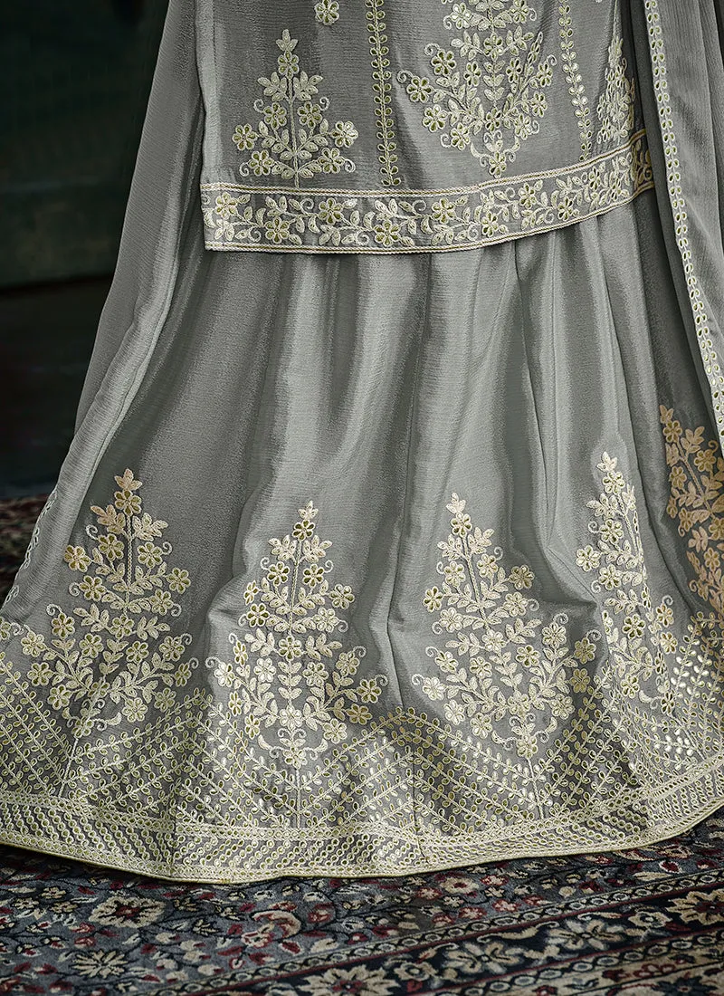 Grey Sequence And Thread Embroidery Lehenga Kurti