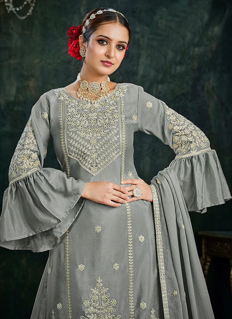 Grey Sequence And Thread Embroidery Lehenga Kurti