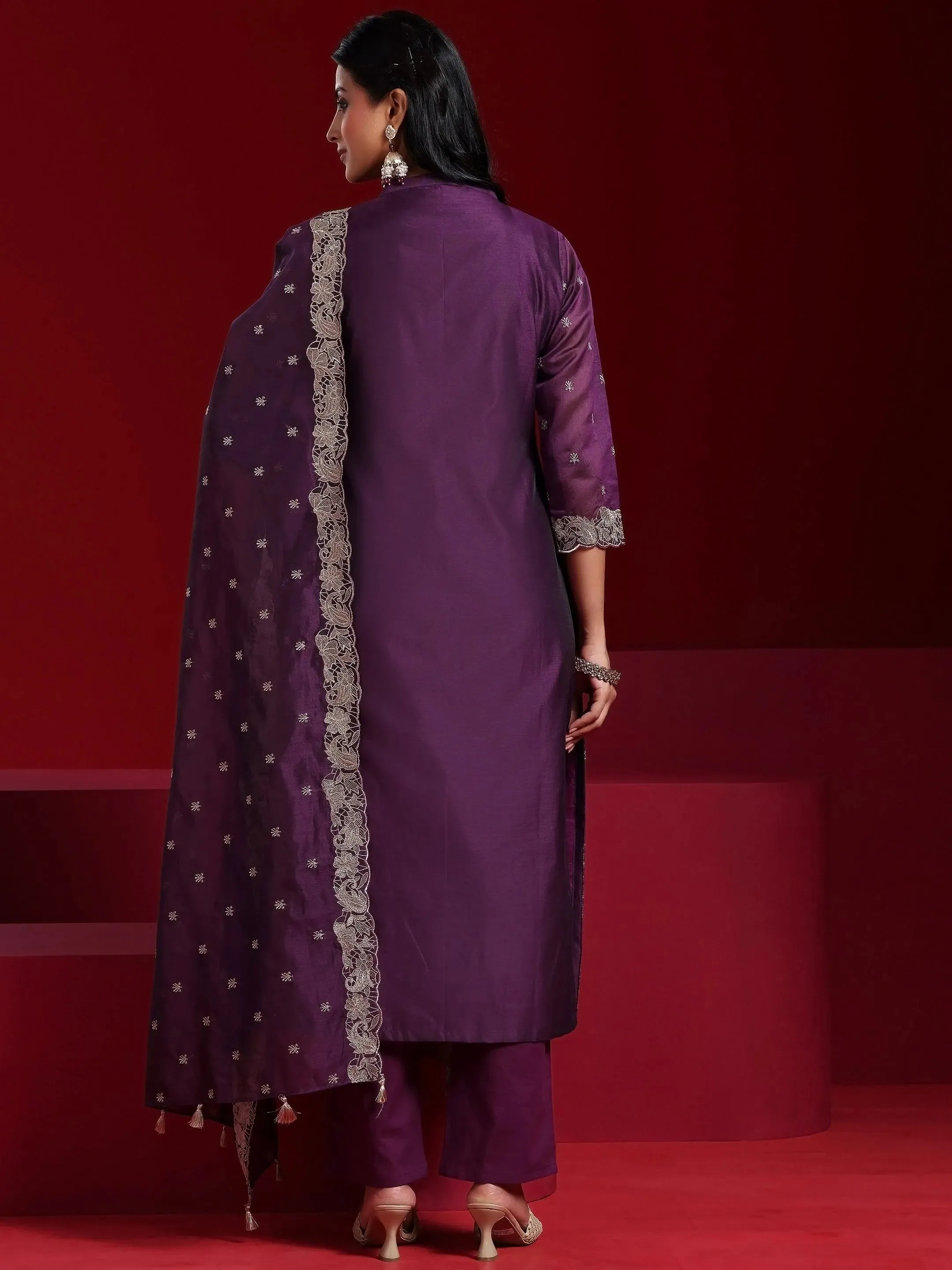 Jashvi Art Wine Embroidered Chanderi Silk Straight Suit With Dupatta