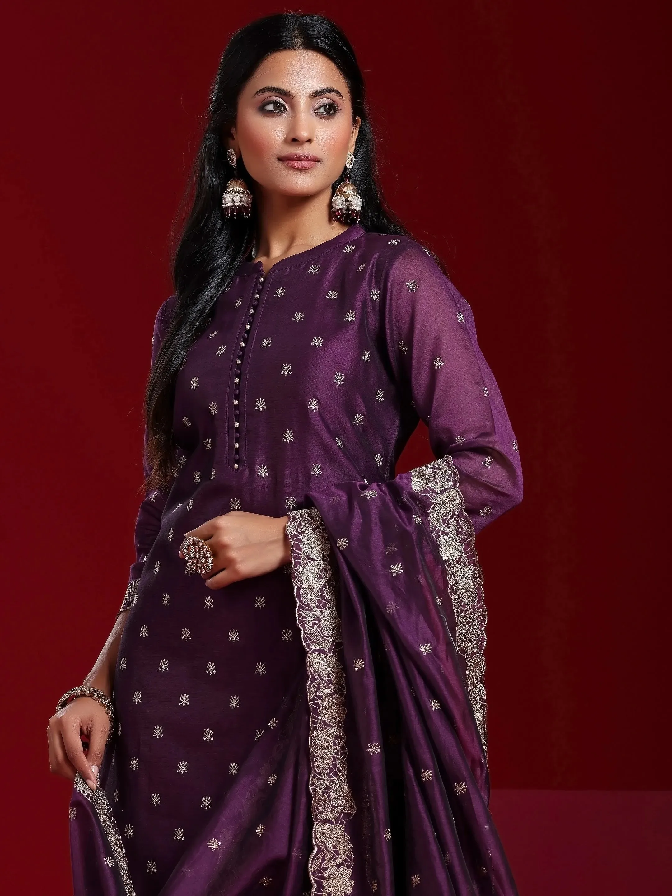 Jashvi Art Wine Embroidered Chanderi Silk Straight Suit With Dupatta